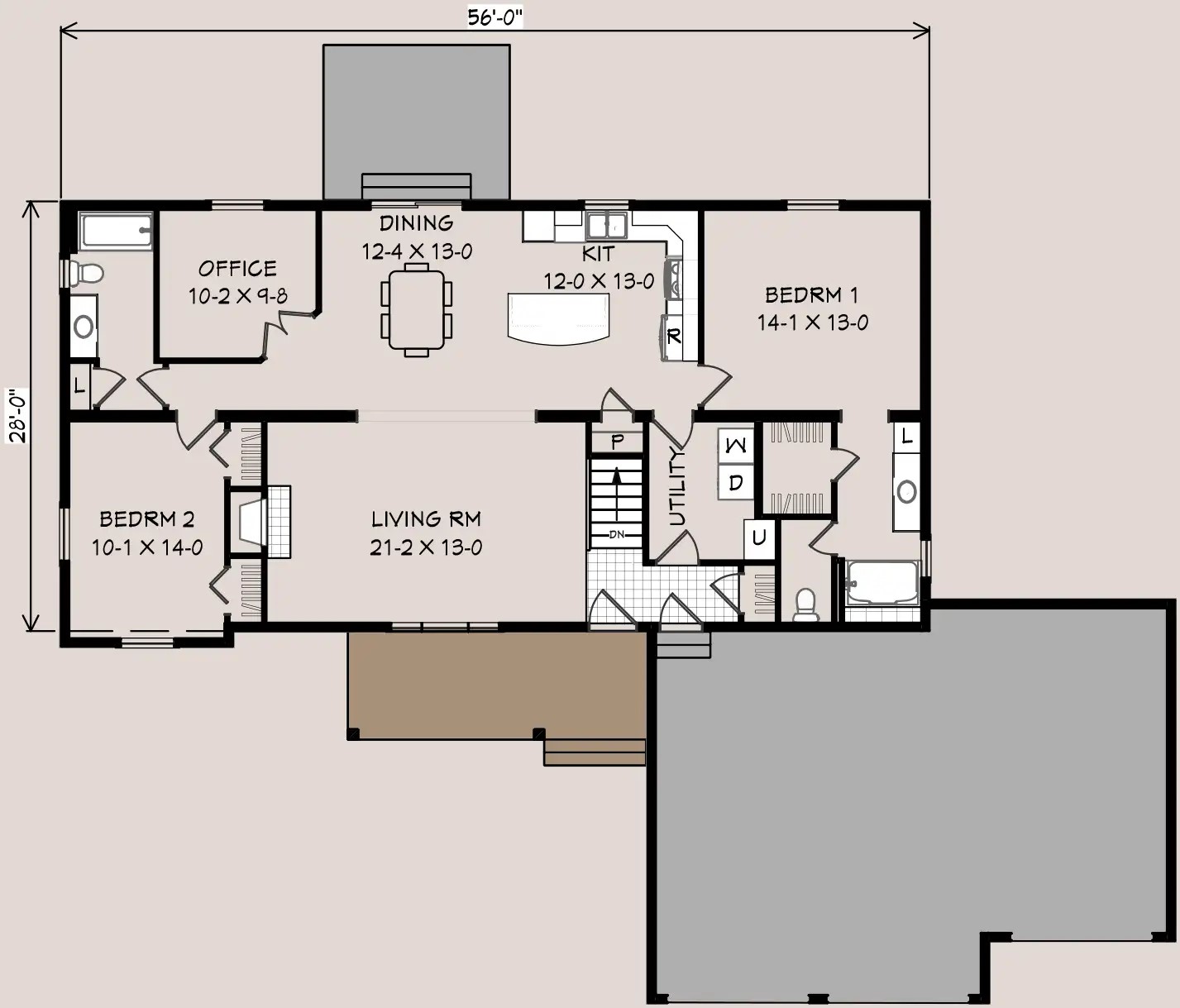 Claremont B floor plan, 56 feet by 28 feet